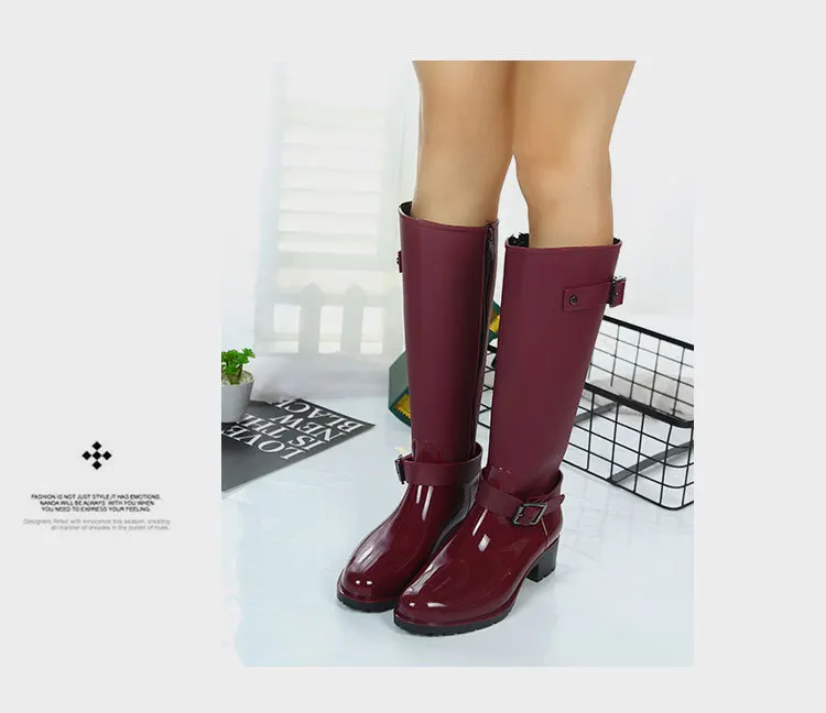 Women's zipper Tall Boots Punk Style Belt buckle Shoes Pure Color Rain Boots Outdoor Rubber Water shoes For Female Zapatos Mujer