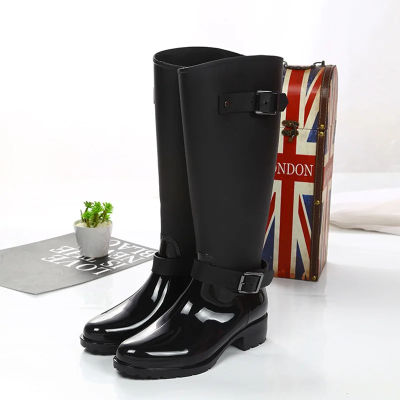 Women's zipper Tall Boots Punk Style Belt buckle Shoes Pure Color Rain Boots Outdoor Rubber Water shoes For Female Zapatos Mujer