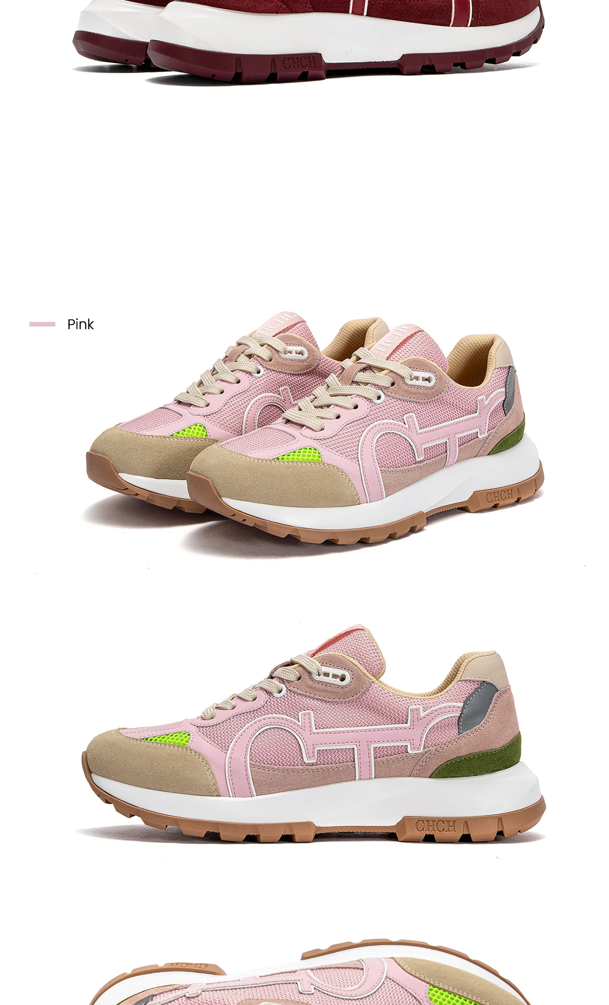 CHCH Women's Casual Shoes 2024 New Wine Red Retro Cow Leather Splicing Design Walking Shoes Skeleton Correction
