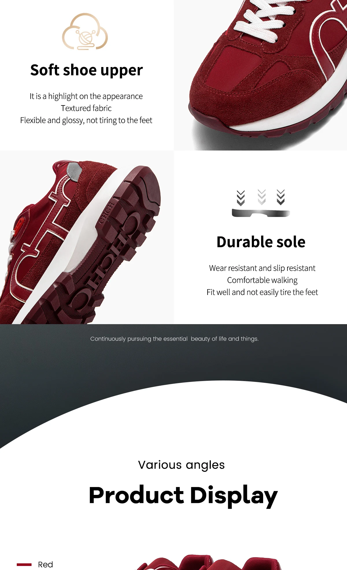 CHCH Women's Casual Shoes 2024 New Wine Red Retro Cow Leather Splicing Design Walking Shoes Skeleton Correction