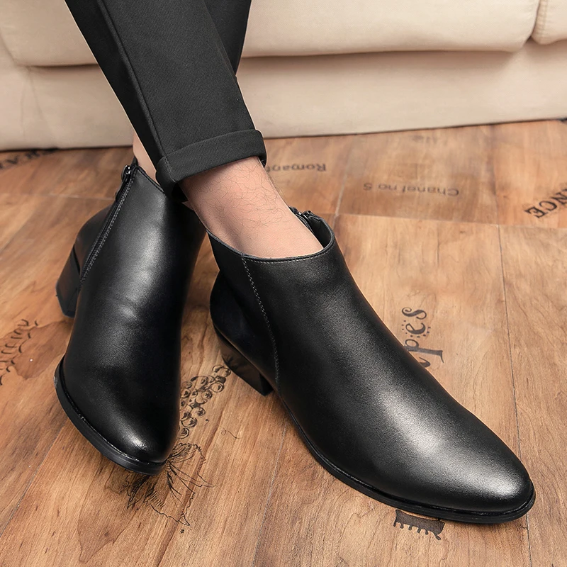 Boots Chelsea Leather Men Ankle Shoes Wedding Formal Man Business Winter Warm Height Increase 5cm