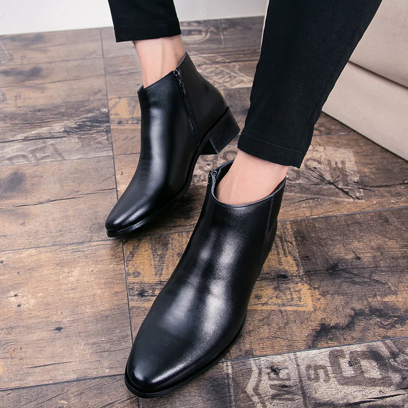 Boots Chelsea Leather Men Ankle Shoes Wedding Formal Man Business Winter Warm Height Increase 5cm