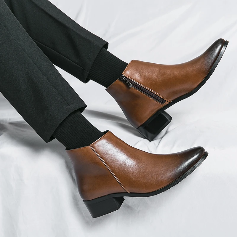 Boots Chelsea Leather Men Ankle Shoes Wedding Formal Man Business Winter Warm Height Increase 5cm