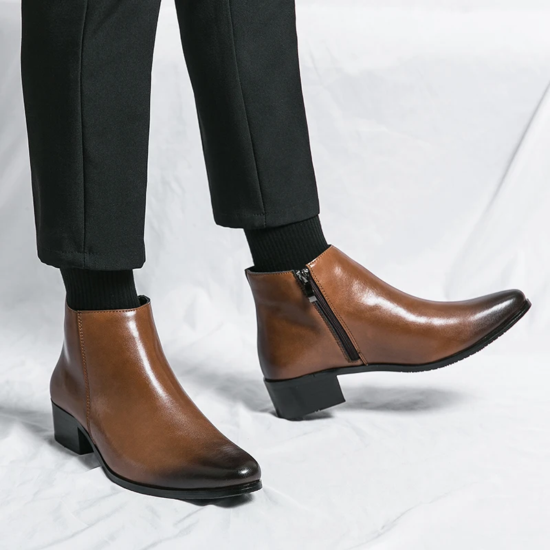 Boots Chelsea Leather Men Ankle Shoes Wedding Formal Man Business Winter Warm Height Increase 5cm