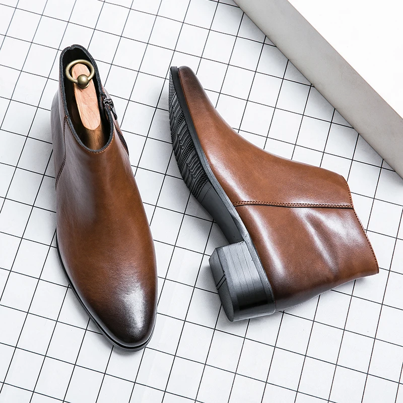 Boots Chelsea Leather Men Ankle Shoes Wedding Formal Man Business Winter Warm Height Increase 5cm