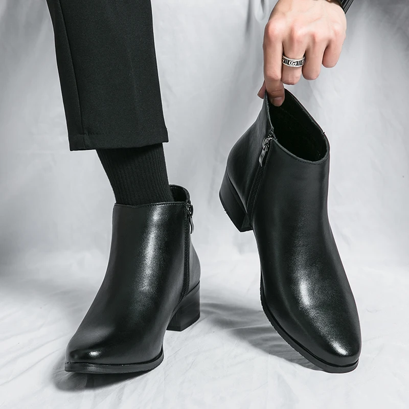 Boots Chelsea Leather Men Ankle Shoes Wedding Formal Man Business Winter Warm Height Increase 5cm