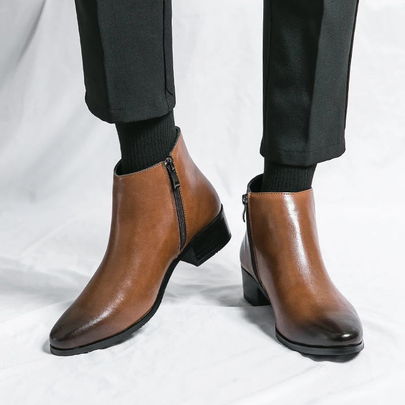 Boots Chelsea Leather Men Ankle Shoes Wedding Formal Man Business Winter Warm Height Increase 5cm