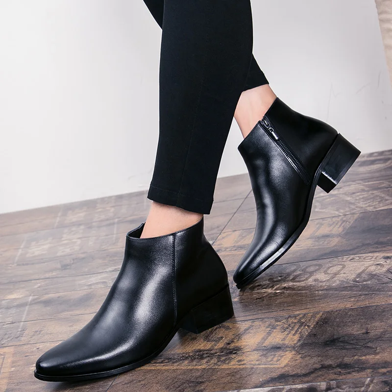 Boots Chelsea Leather Men Ankle Shoes Wedding Formal Man Business Winter Warm Height Increase 5cm