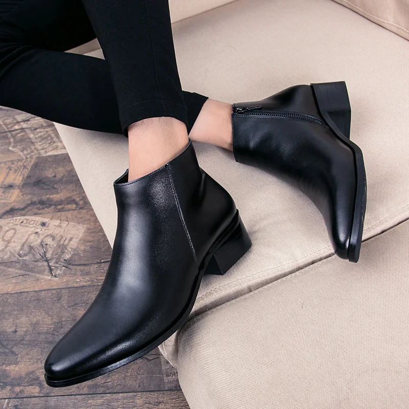 Boots Chelsea Leather Men Ankle Shoes Wedding Formal Man Business Winter Warm Height Increase 5cm