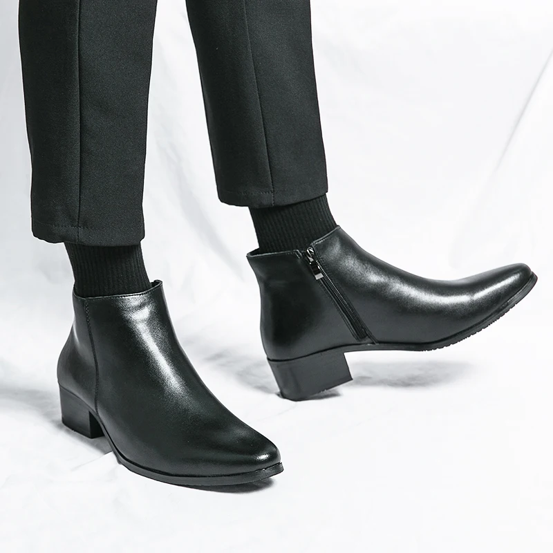 Boots Chelsea Leather Men Ankle Shoes Wedding Formal Man Business Winter Warm Height Increase 5cm