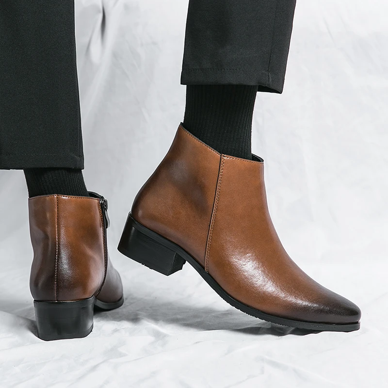 Boots Chelsea Leather Men Ankle Shoes Wedding Formal Man Business Winter Warm Height Increase 5cm
