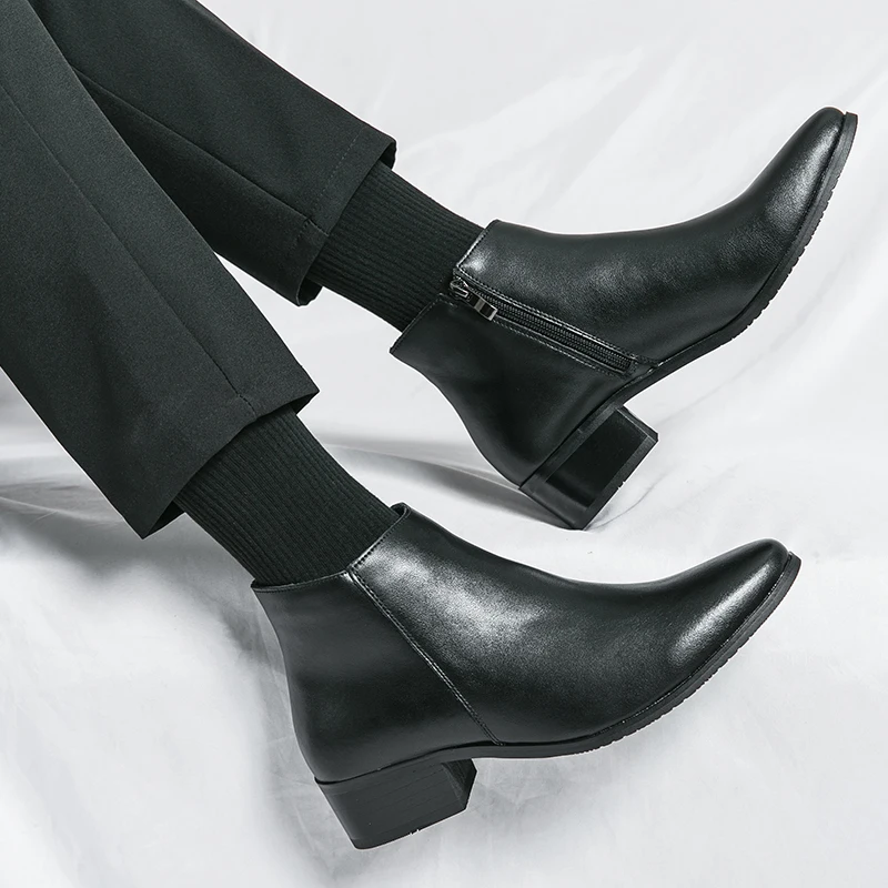 Boots Chelsea Leather Men Ankle Shoes Wedding Formal Man Business Winter Warm Height Increase 5cm