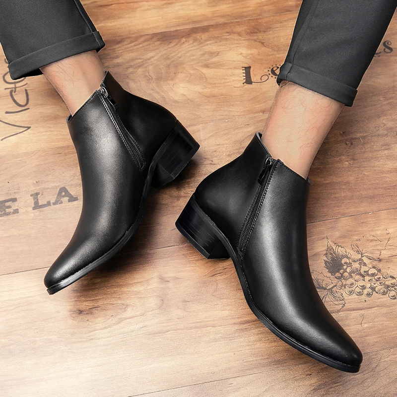 Boots Chelsea Leather Men Ankle Shoes Wedding Formal Man Business Winter Warm Height Increase 5cm