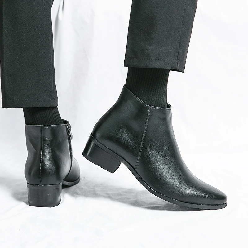 Boots Chelsea Leather Men Ankle Shoes Wedding Formal Man Business Winter Warm Height Increase 5cm
