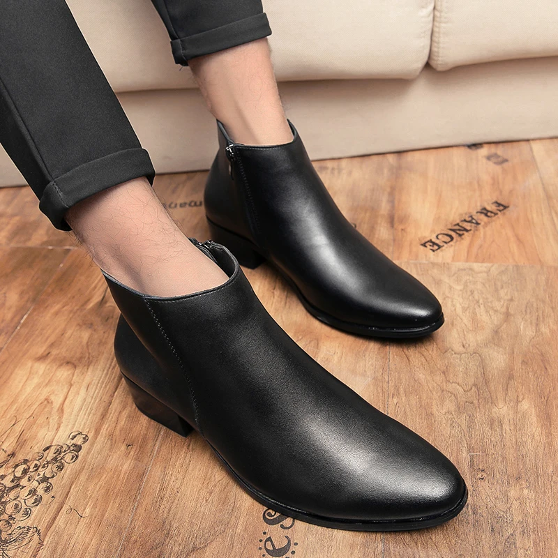 Boots Chelsea Leather Men Ankle Shoes Wedding Formal Man Business Winter Warm Height Increase 5cm