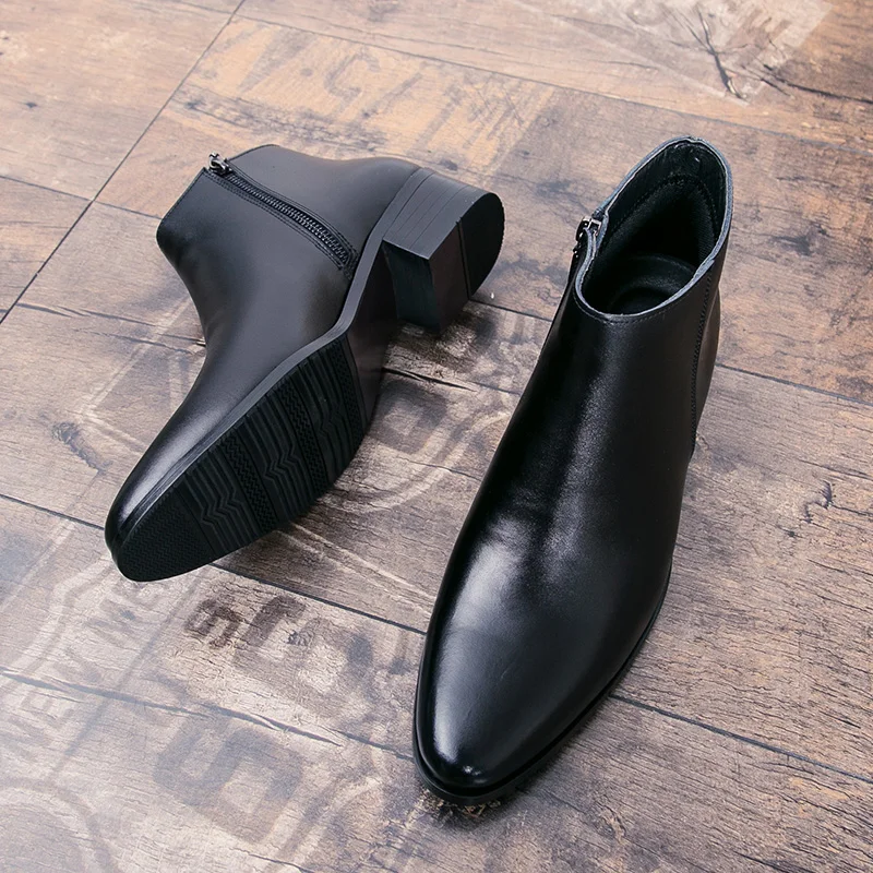 Boots Chelsea Leather Men Ankle Shoes Wedding Formal Man Business Winter Warm Height Increase 5cm