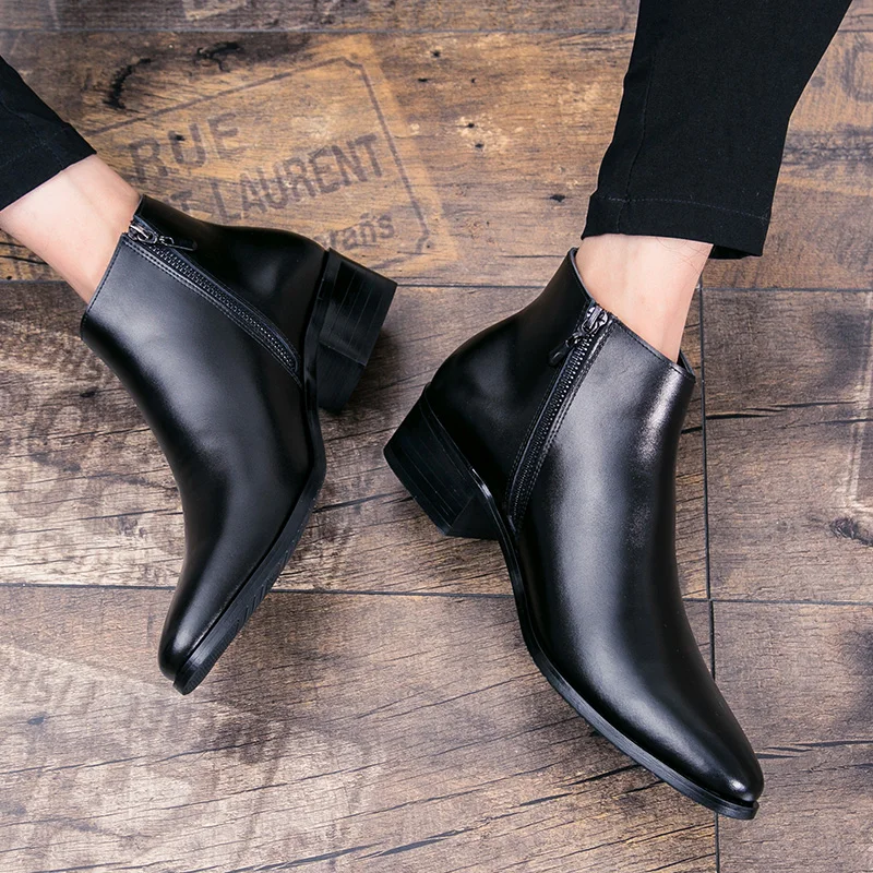 Boots Chelsea Leather Men Ankle Shoes Wedding Formal Man Business Winter Warm Height Increase 5cm