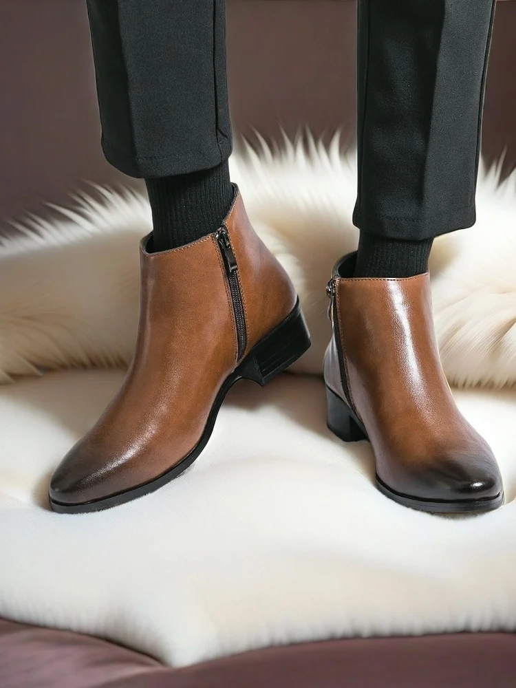 Boots Chelsea Leather Men Ankle Shoes Wedding Formal Man Business Winter Warm Height Increase 5cm