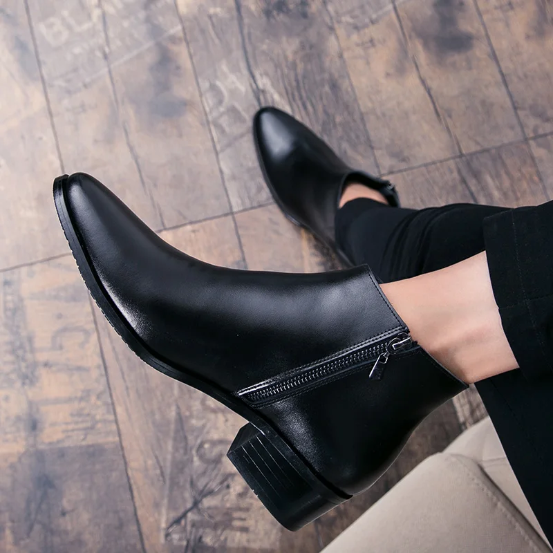 Boots Chelsea Leather Men Ankle Shoes Wedding Formal Man Business Winter Warm Height Increase 5cm