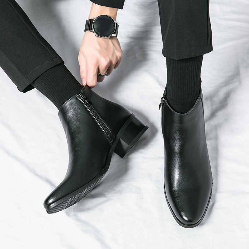 Boots Chelsea Leather Men Ankle Shoes Wedding Formal Man Business Winter Warm Height Increase 5cm