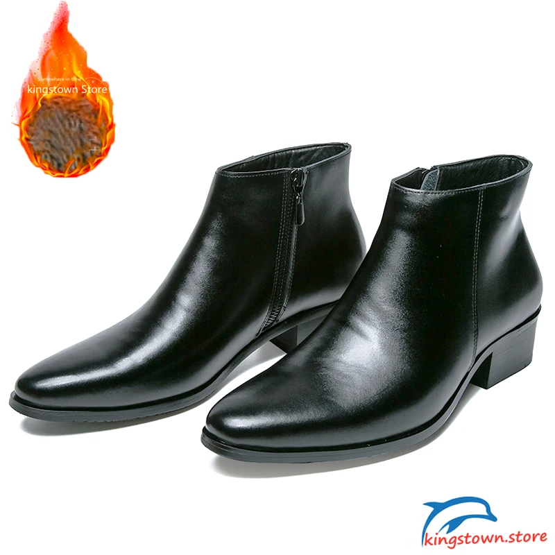 Boots Chelsea Leather Men Ankle Shoes Wedding Formal Man Business Winter Warm Height Increase 5cm