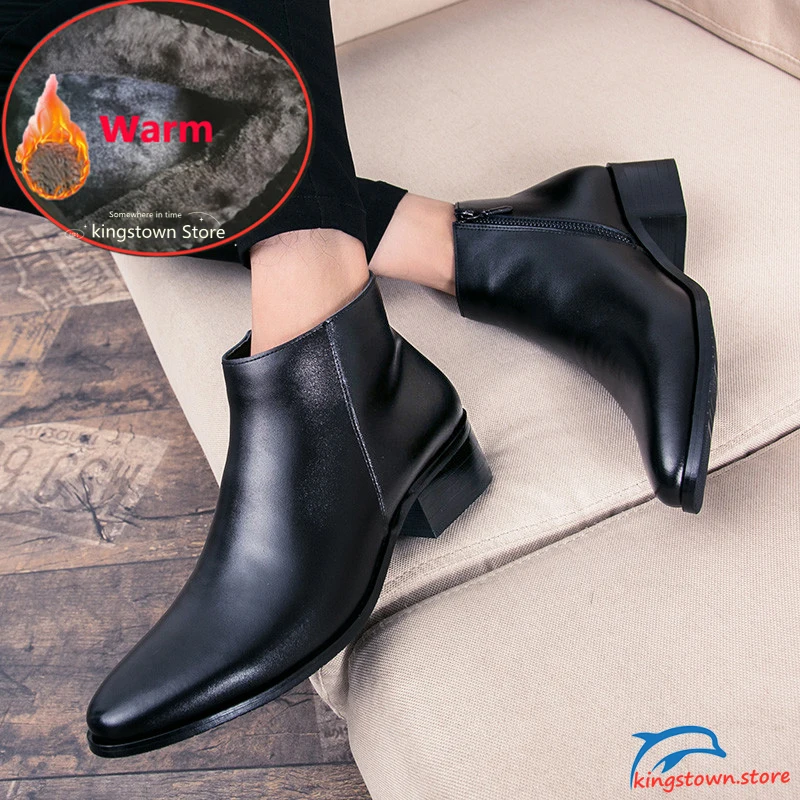 Boots Chelsea Leather Men Ankle Shoes Wedding Formal Man Business Winter Warm Height Increase 5cm