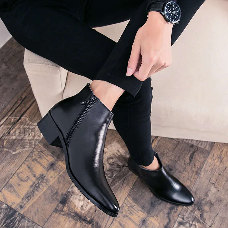 Boots Chelsea Leather Men Ankle Shoes Wedding Formal Man Business Winter Warm Height Increase 5cm