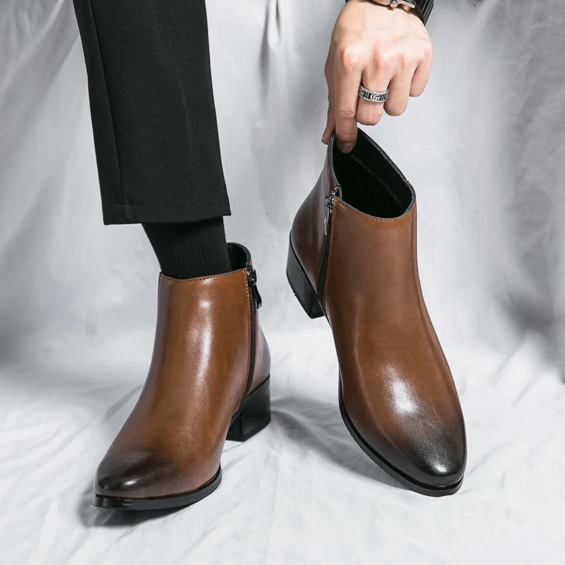 Boots Chelsea Leather Men Ankle Shoes Wedding Formal Man Business Winter Warm Height Increase 5cm