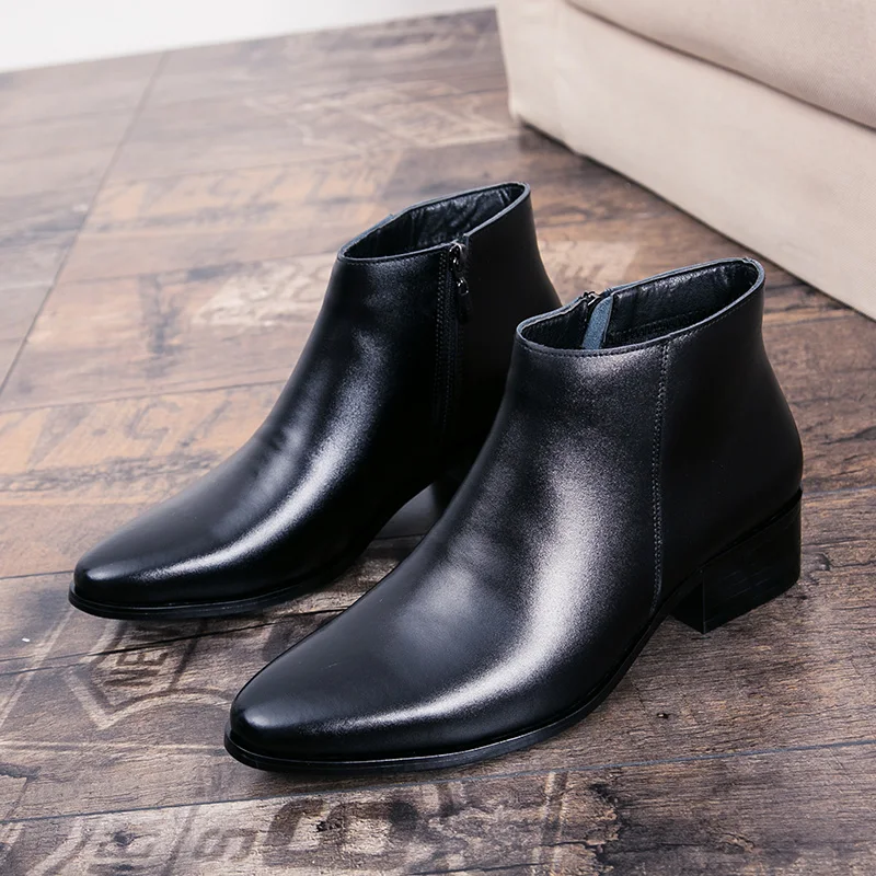 Boots Chelsea Leather Men Ankle Shoes Wedding Formal Man Business Winter Warm Height Increase 5cm
