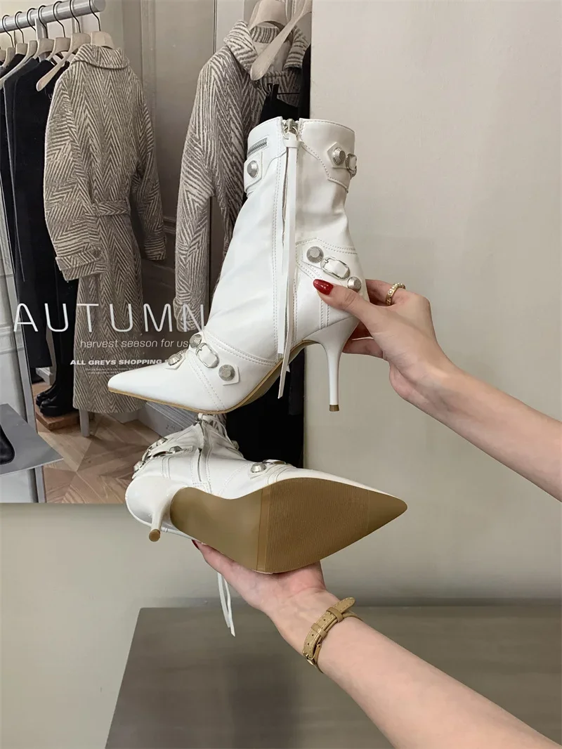 Pointed‑Toe High Heel Ankle Boots for Women Punk Rivet Metal Buckle Decor Thin Heel Short Boots Party Evening Leather Shoes