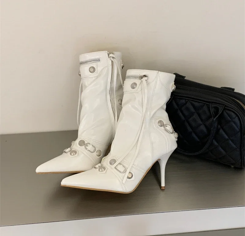 Pointed‑Toe High Heel Ankle Boots for Women Punk Rivet Metal Buckle Decor Thin Heel Short Boots Party Evening Leather Shoes
