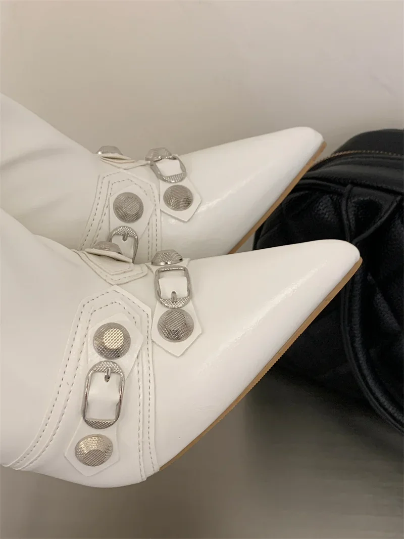 Pointed‑Toe High Heel Ankle Boots for Women Punk Rivet Metal Buckle Decor Thin Heel Short Boots Party Evening Leather Shoes