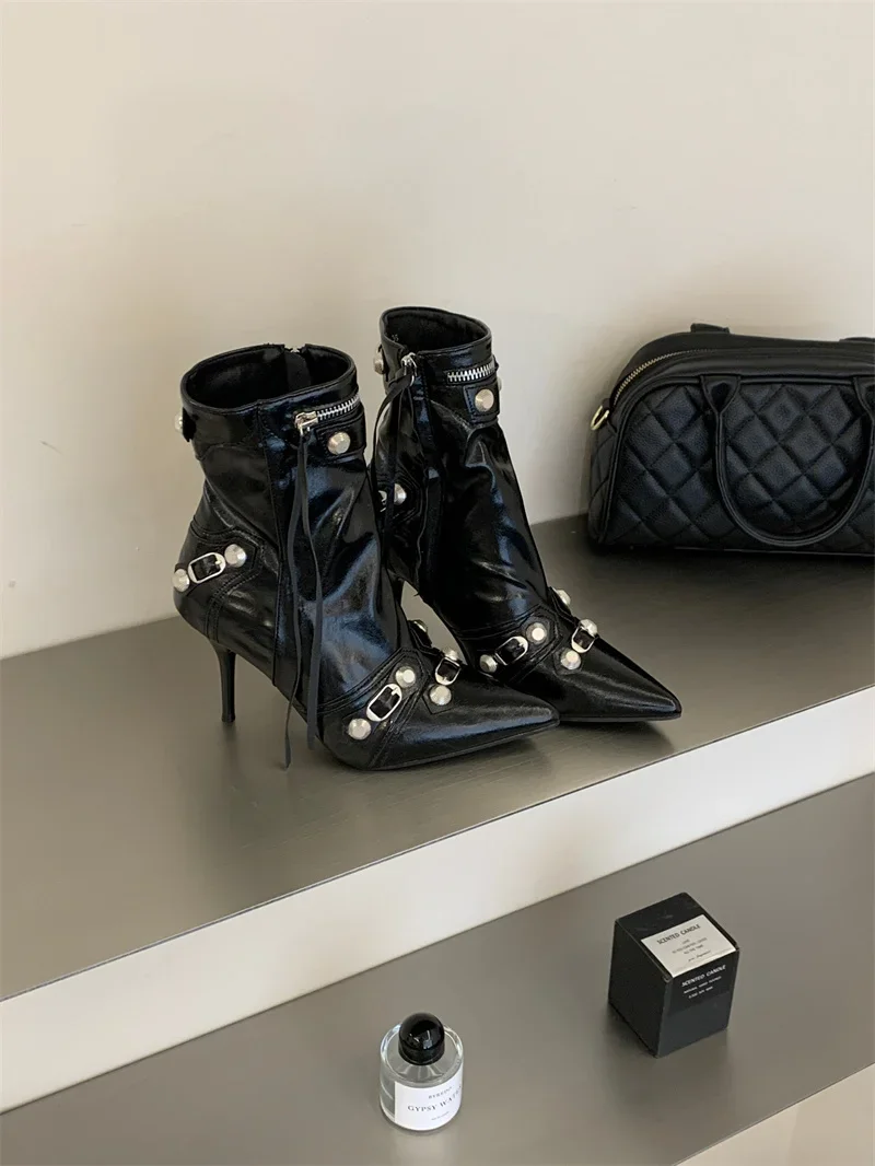 Pointed‑Toe High Heel Ankle Boots for Women Punk Rivet Metal Buckle Decor Thin Heel Short Boots Party Evening Leather Shoes