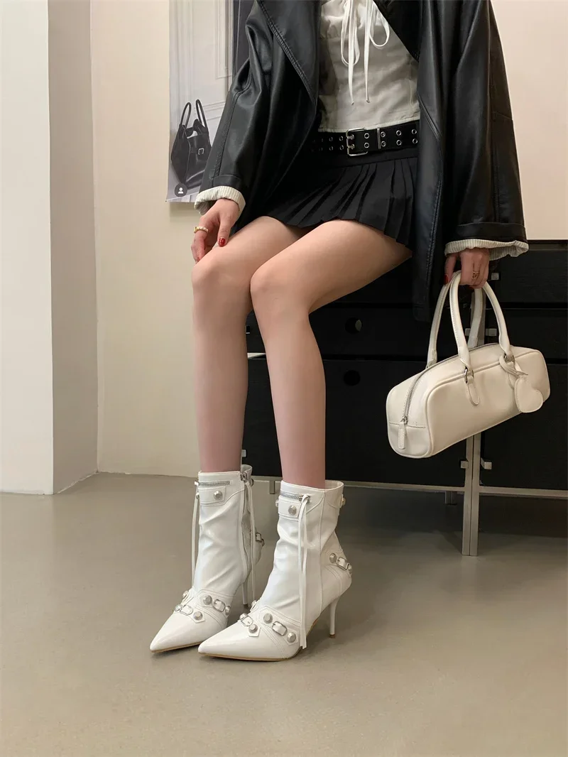Pointed‑Toe High Heel Ankle Boots for Women Punk Rivet Metal Buckle Decor Thin Heel Short Boots Party Evening Leather Shoes