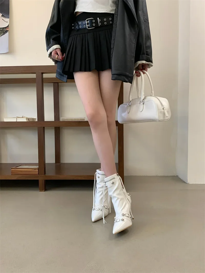 Pointed‑Toe High Heel Ankle Boots for Women Punk Rivet Metal Buckle Decor Thin Heel Short Boots Party Evening Leather Shoes