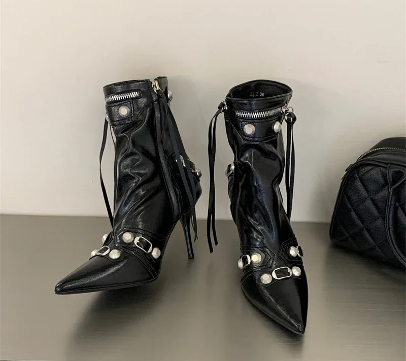 Pointed‑Toe High Heel Ankle Boots for Women Punk Rivet Metal Buckle Decor Thin Heel Short Boots Party Evening Leather Shoes