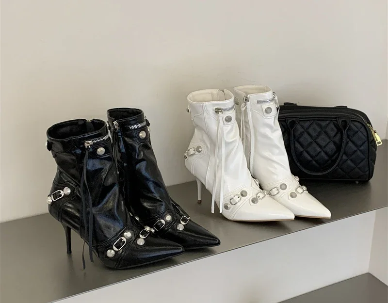 Pointed‑Toe High Heel Ankle Boots for Women Punk Rivet Metal Buckle Decor Thin Heel Short Boots Party Evening Leather Shoes