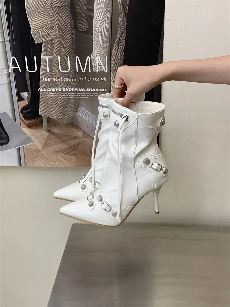 Pointed‑Toe High Heel Ankle Boots for Women Punk Rivet Metal Buckle Decor Thin Heel Short Boots Party Evening Leather Shoes