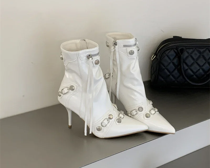 Pointed‑Toe High Heel Ankle Boots for Women Punk Rivet Metal Buckle Decor Thin Heel Short Boots Party Evening Leather Shoes