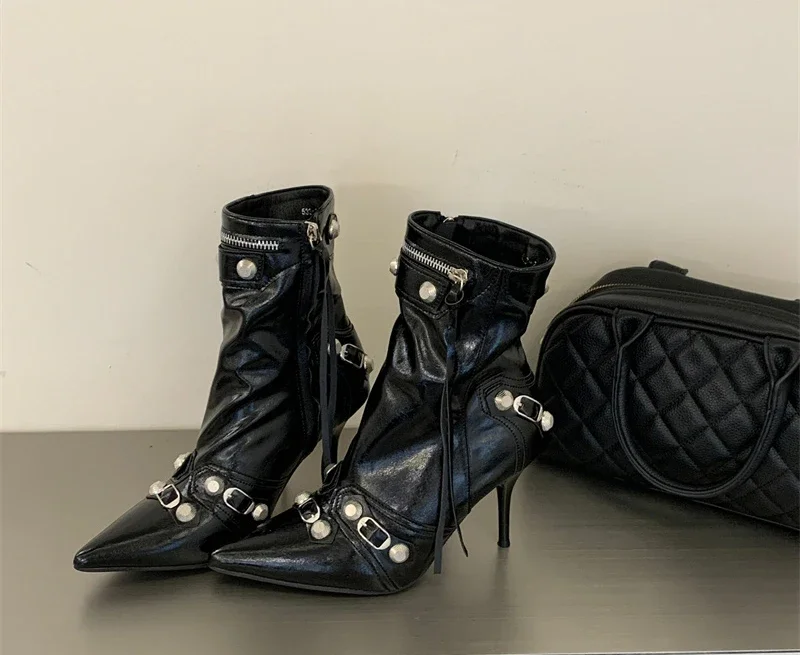 Pointed‑Toe High Heel Ankle Boots for Women Punk Rivet Metal Buckle Decor Thin Heel Short Boots Party Evening Leather Shoes