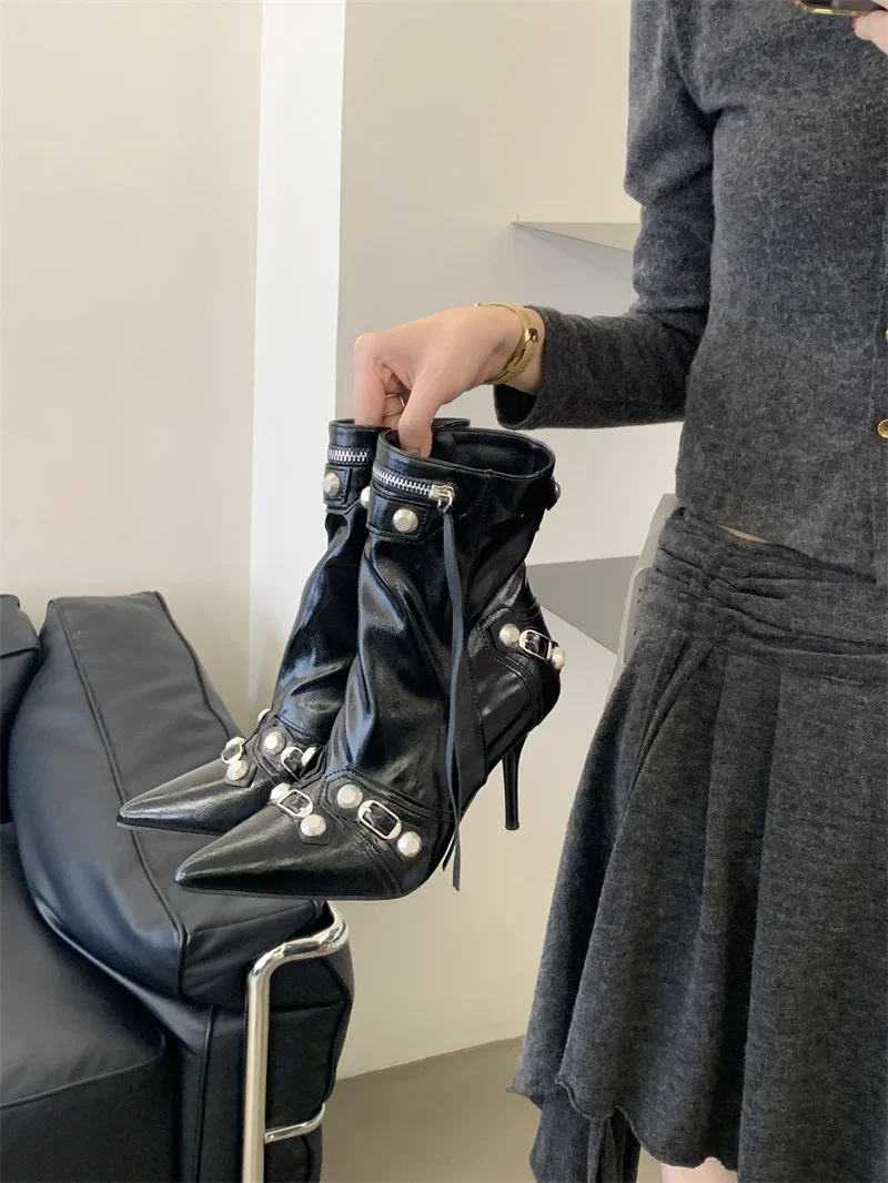 Pointed‑Toe High Heel Ankle Boots for Women Punk Rivet Metal Buckle Decor Thin Heel Short Boots Party Evening Leather Shoes