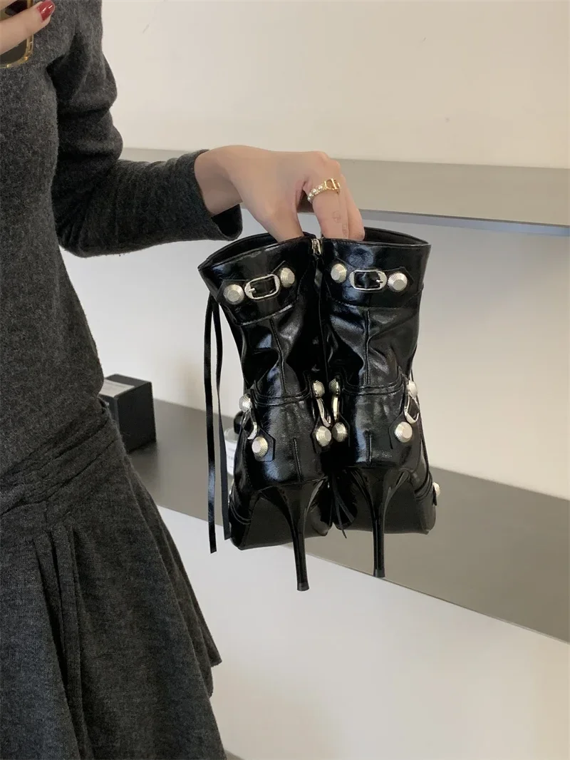Pointed‑Toe High Heel Ankle Boots for Women Punk Rivet Metal Buckle Decor Thin Heel Short Boots Party Evening Leather Shoes