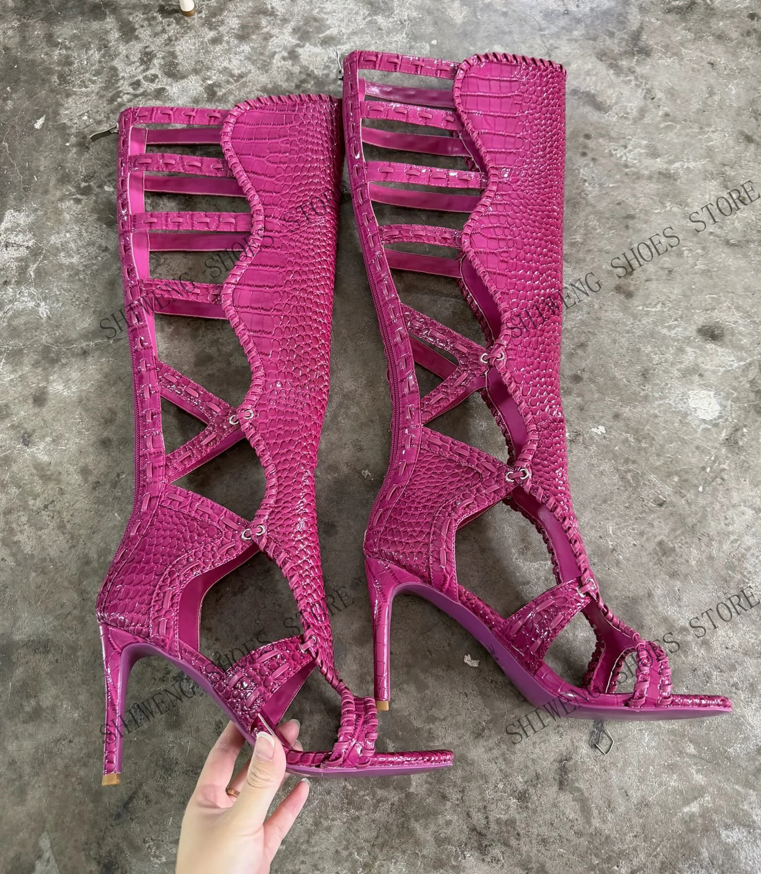 2026 Women Croc-Pattern Cutout Sandal Boots Open Toe Stiletto Gladiator Knee High Boots Back Zipper Hollow Out Snake Skin Party