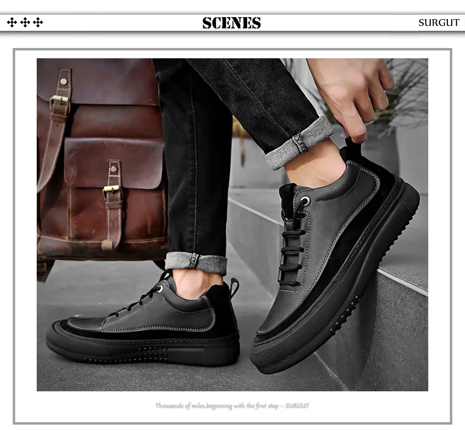 SURGUT Men's Casual Shoes Cowhide Leather Autumn Winter Non-Slip Comfortable Fashion Splicing Thick Sole Shoes Size 38-44