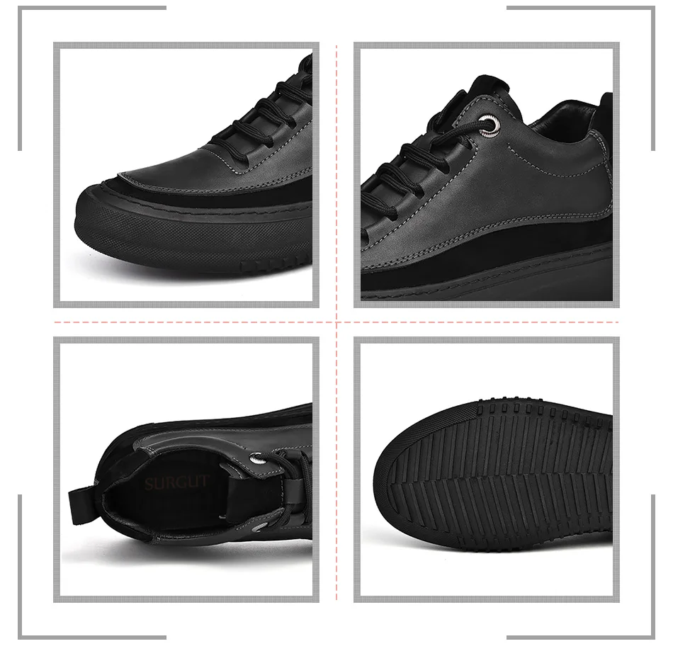 SURGUT Men's Casual Shoes Cowhide Leather Autumn Winter Non-Slip Comfortable Fashion Splicing Thick Sole Shoes Size 38-44
