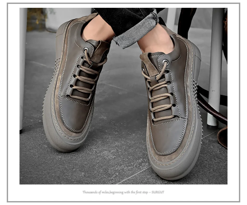 SURGUT Men's Casual Shoes Cowhide Leather Autumn Winter Non-Slip Comfortable Fashion Splicing Thick Sole Shoes Size 38-44