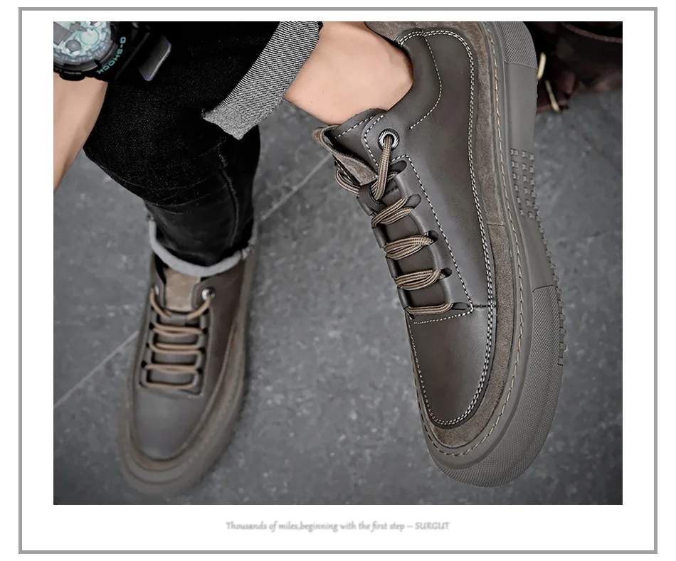 SURGUT Men's Casual Shoes Cowhide Leather Autumn Winter Non-Slip Comfortable Fashion Splicing Thick Sole Shoes Size 38-44