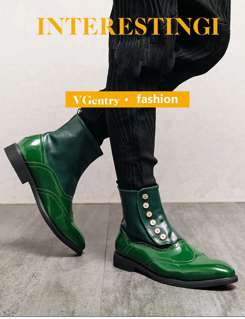 38-46 Men Boots Patent Leather Autumn Fashion Brogue Shoes Comfortable Brand Black Green Safety Gladiator Ankle Flats Cool Gift