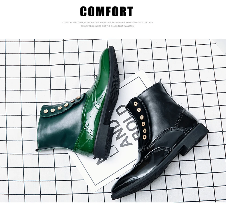 38-46 Men Boots Patent Leather Autumn Fashion Brogue Shoes Comfortable Brand Black Green Safety Gladiator Ankle Flats Cool Gift