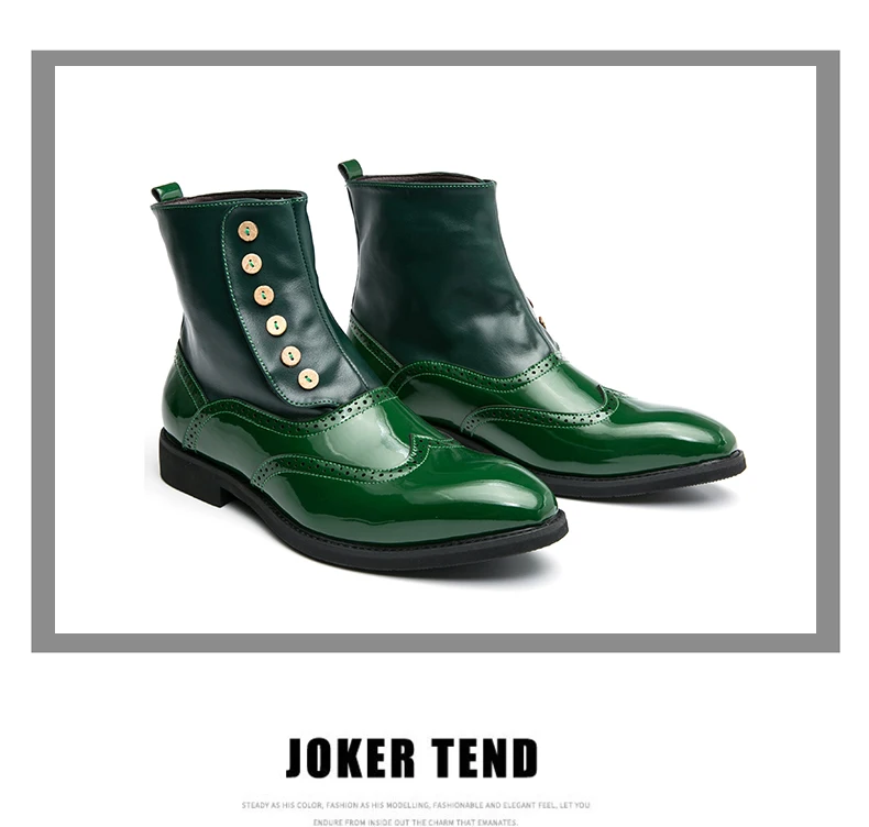 38-46 Men Boots Patent Leather Autumn Fashion Brogue Shoes Comfortable Brand Black Green Safety Gladiator Ankle Flats Cool Gift